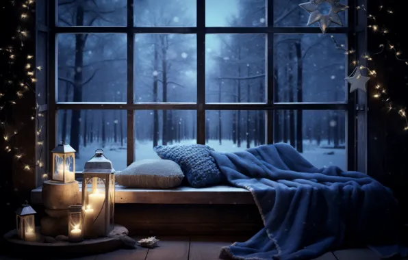 Winter, forest, stars, light, snow, trees, comfort, room