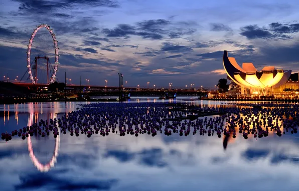 Picture the sky, water, sunset, clouds, bridge, the evening, Singapore, Ferris wheel