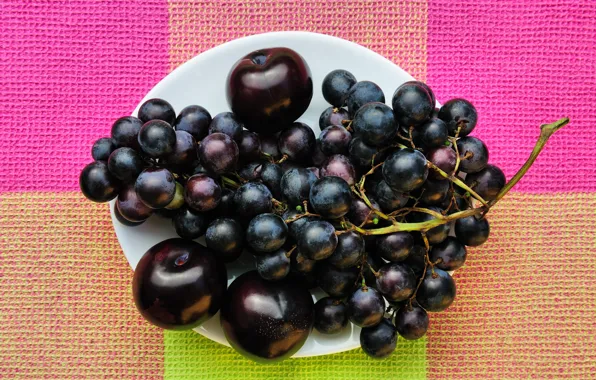 Table, black, plate, grapes, fruit, plum, tablecloth, bright background