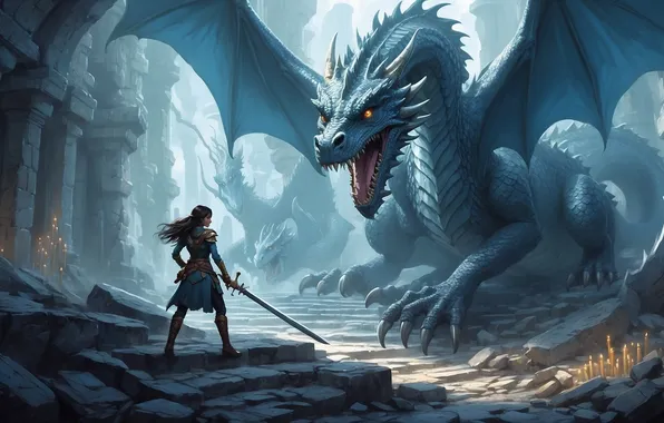 Girl, dragon, sword, warrior