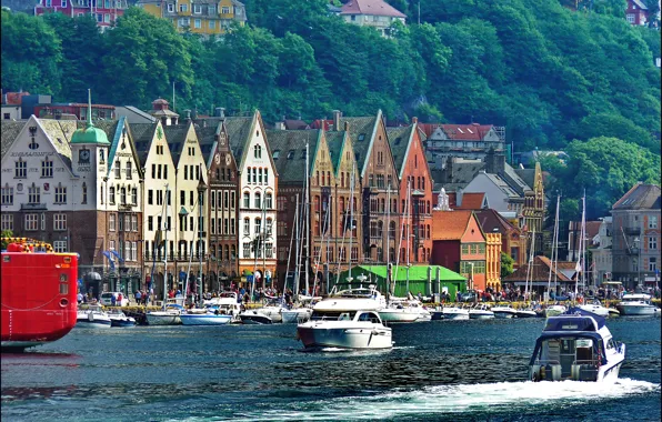 River, shore, home, yachts, boats, pier, Norway, boats