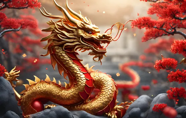 Picture dragon, colorful, New year, golden, gold, symbol, Chinese, symbol of the year