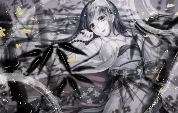 Kimono, grey background, yellow eyes, bamboo leaves, deushka Ghost