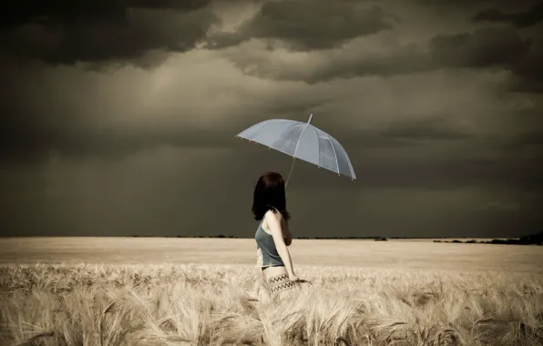 Picture the storm, field, Girl, umbrella