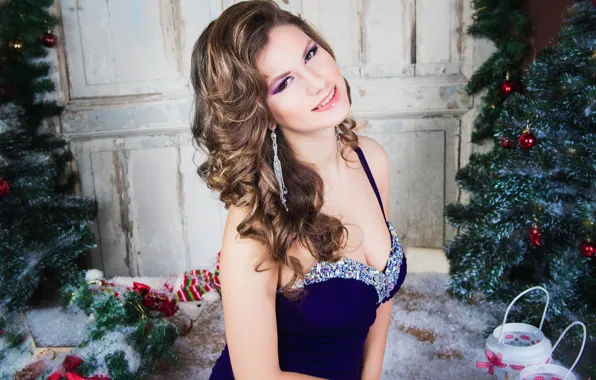 Picture girl, smile, holiday, new year, Christmas, makeup, dress, brown hair