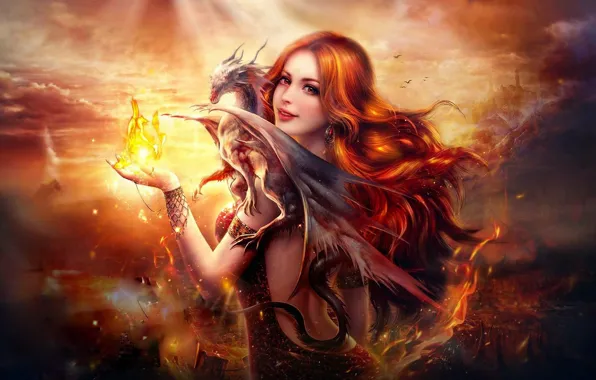 Fire, flame, girl, fantasy, digital, woman, art, beautiful