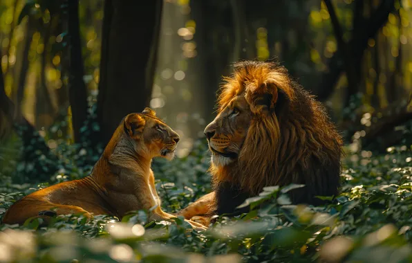 Trees, Lioness, Leo, Two, Digital art, Predators, Big Cats, AI art