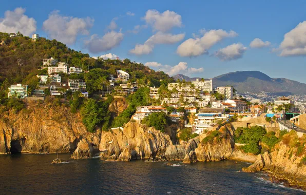 Sea, the sky, the sun, clouds, trees, mountains, rocks, coast