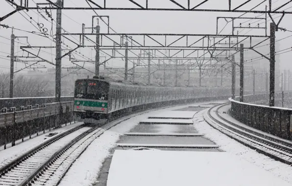 Snow, train, power lines, train