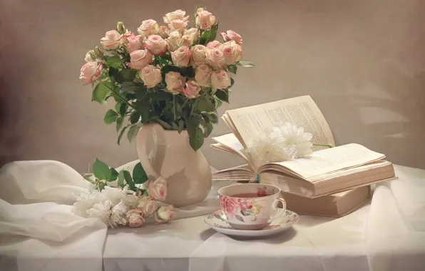 Picture flowers, table, tea, books, roses, Cup, fabric, pitcher