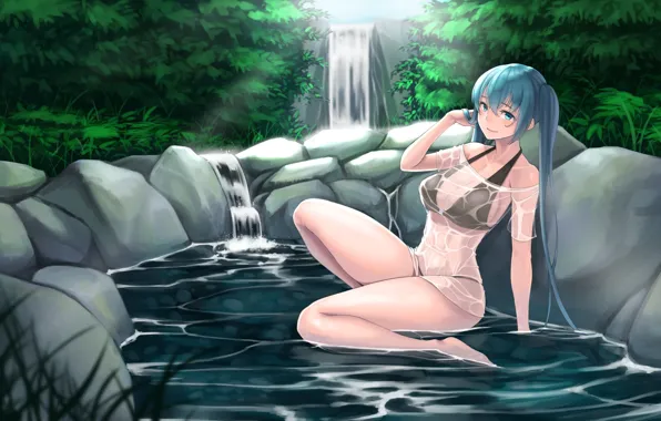 Girl, lake, waterfall, art, vocaloid, hatsune miku, Vocaloid, Hatsune Miku