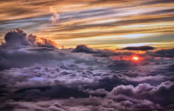 Picture the sky, the sun, clouds, sunset, clouds
