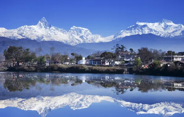 Water, mountains, lake, reflection, home, Nepal