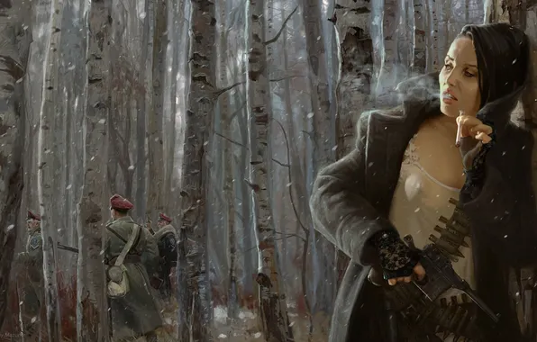 Picture forest, girl, weapons, cigarette, soldiers, cartridges, birch, Yuriy Mazurkin