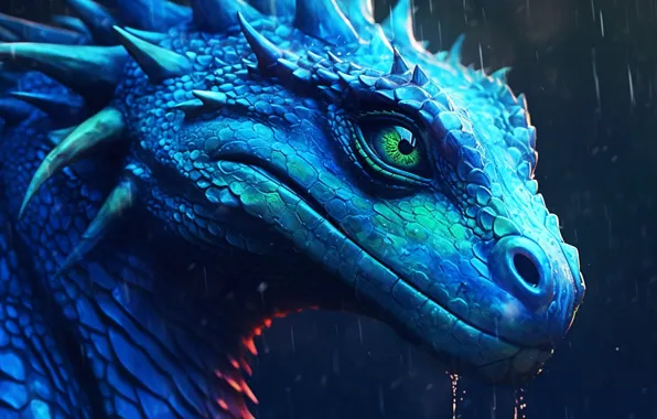 Rain, blue, water, dragon, blue background, creature, AI art