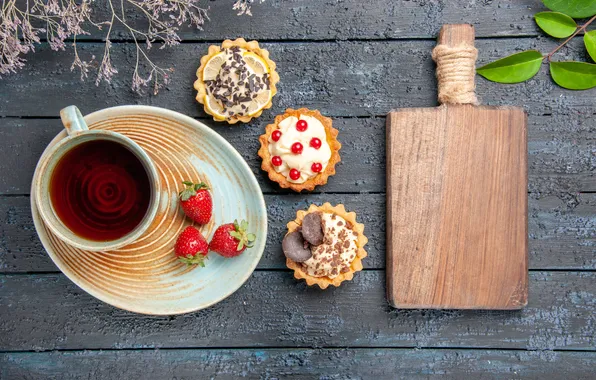 Berries, tea, Board, strawberry, the tea party, Cup, dessert, cakes