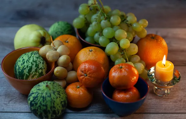 Table, Board, candle, oranges, grapes, fruit, different, composition
