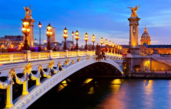 Picture the city, river, France, Paris, home, the evening, lighting, lights