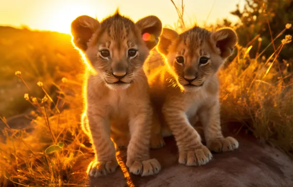 Light, lions, the cubs, a couple, cubs, digital art, AI art, neural network