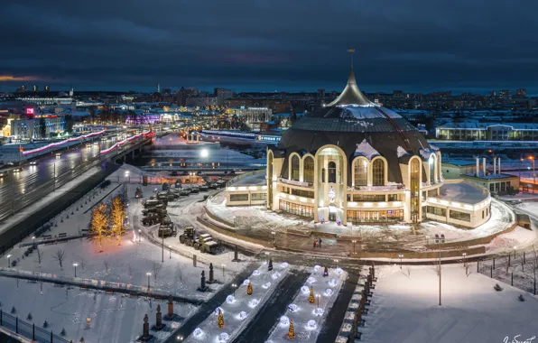 Picture winter, snow, the building, Russia, architecture, night city, Tula, Ilya Garbuzov