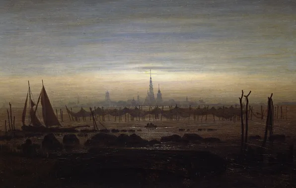 Picture landscape, network, the city, boat, tower, picture, sail, Caspar David Friedrich