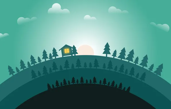 Picture forest, the sun, dawn, tree, home, minimalism, landscape, Concept Art