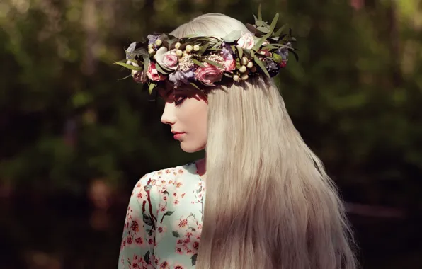 Girl, flowers, hair, portrait, blouse, beautiful, wreath, bokeh