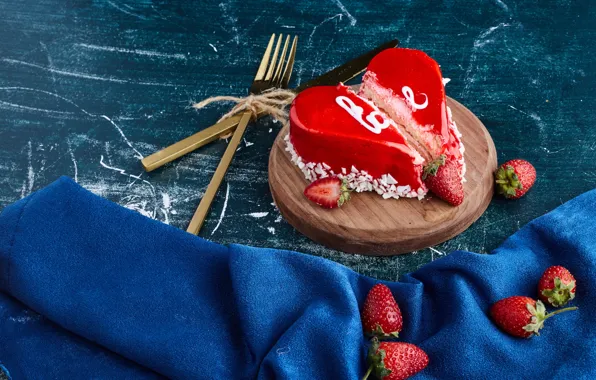 Love, berries, holiday, red, heart, towel, strawberry, knife