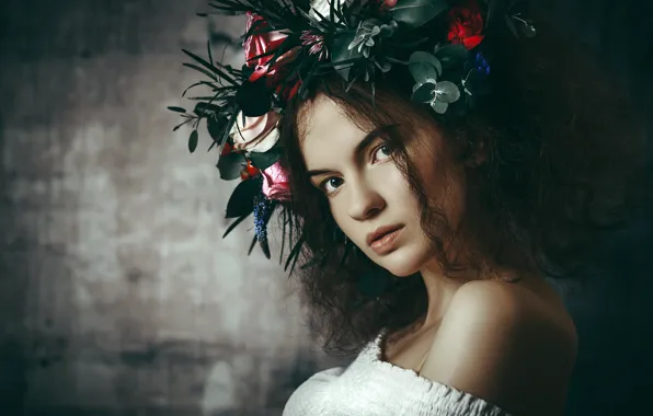 Look, background, model, portrait, makeup, brunette, hairstyle, wreath