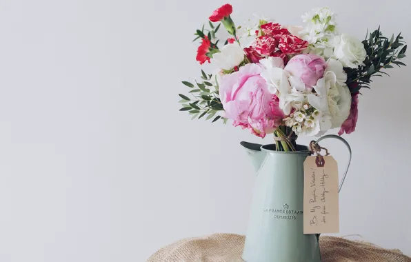 Picture flowers, bouquet, kettle, vase, old