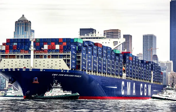 The city, The ship, Benjamin Franklin, A container ship, Seattle, Tugs, CMA CGM, Vessel