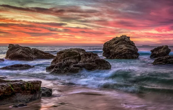 Sunrise, stones, shore, Australia, Newcastle, New South Wales