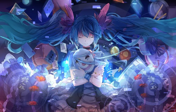 Picture card, girl, abstraction, mask, art, vocaloid, hatsune miku, tails