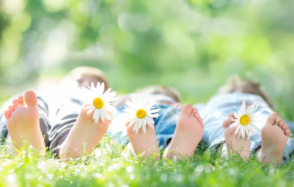Grass, flowers, children, bokeh
