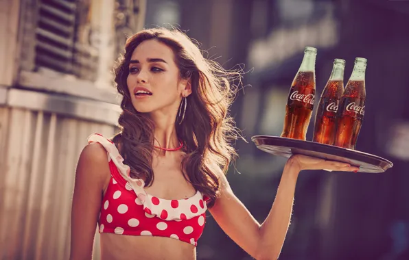 Picture girl, bottle, coca cola, Coca-Cola, tray, relaxation, taste the feeling, Try the feeling