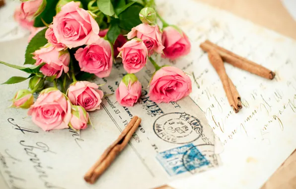 Flower, letter, love, flowers, memories, pink, romance, roses