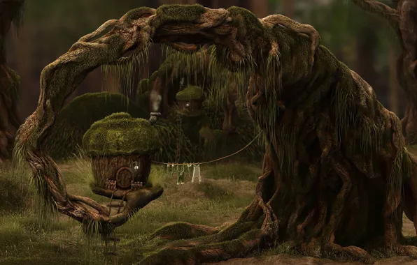 Forest, grass, roots, tree, smoke, House