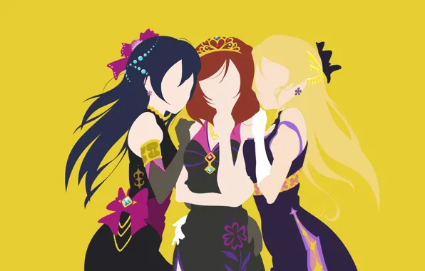 Girls, minimalism, yellow background, Love Live! School Idol Project, Living love
