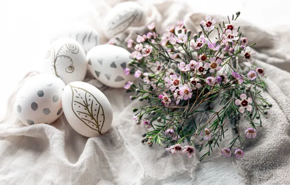 Flowers, holiday, pattern, eggs, spring, Easter, white background, fabric