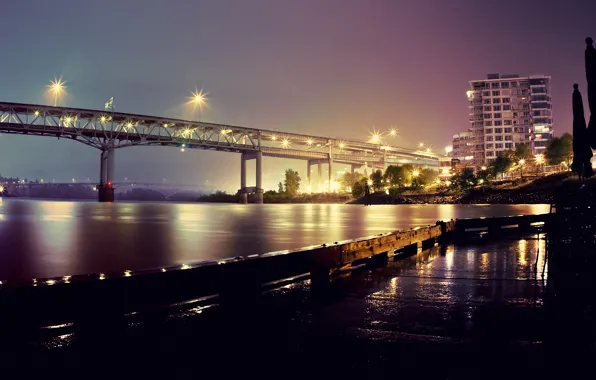 Night, bridge, lights, river, Oregon, Portland