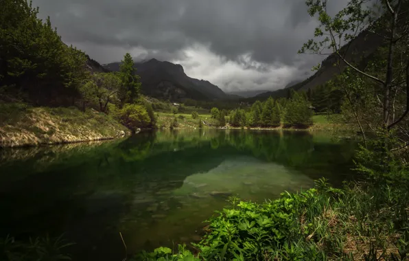 Picture the sky, clouds, trees, mountains, clouds, nature, lake, overcast