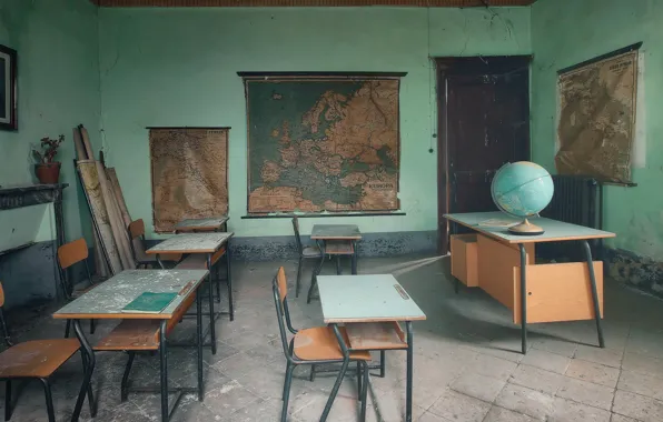 School, globe, desks, Klas