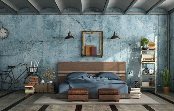Room, interior, the scenery, grunge mastern bedroom in industrial style, industrial design, grunge style bedroom
