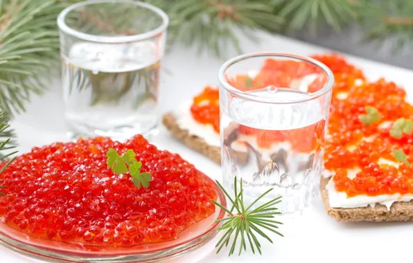 Picture table, glasses, vodka, needles, red, caviar, bokeh, sandwiches