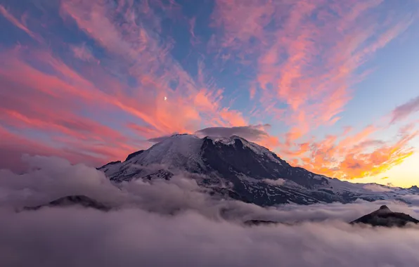 Moon, sky, nature, sunset, mountains, clouds, snow, cliff