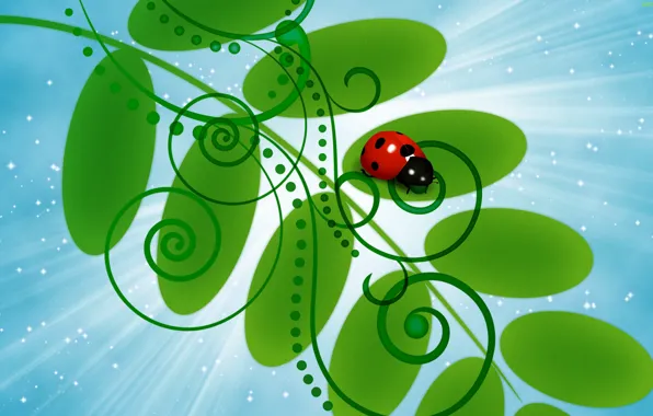 Picture the sky, leaves, rays, vector, branch, stars, ladybug