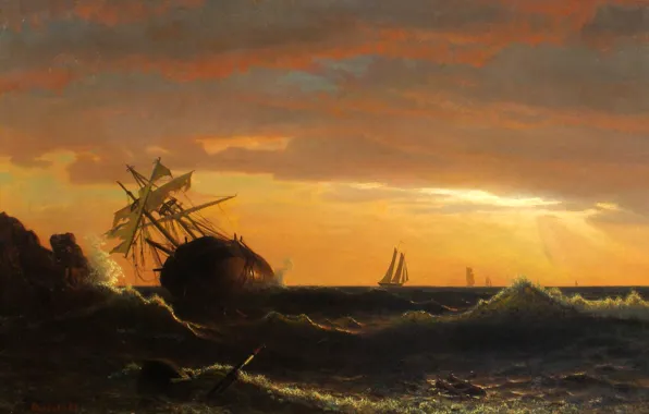 Sea, wave, picture, seascape, Albert Bierstadt, The ship Broke
