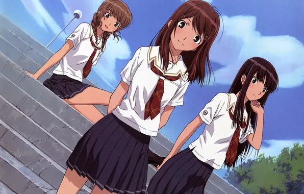 The sky, girls, steps, school uniform, anime, art, friend, Mizusawa Mao