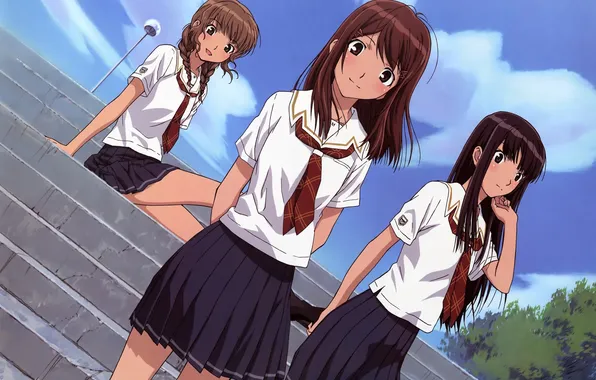 Picture the sky, girls, steps, school uniform, anime, art, friend, Mizusawa Mao