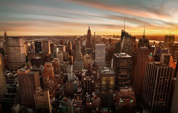 The sky, the city, New York, spinner, USA, Manhattan, The Empire state building, Rockefeller center